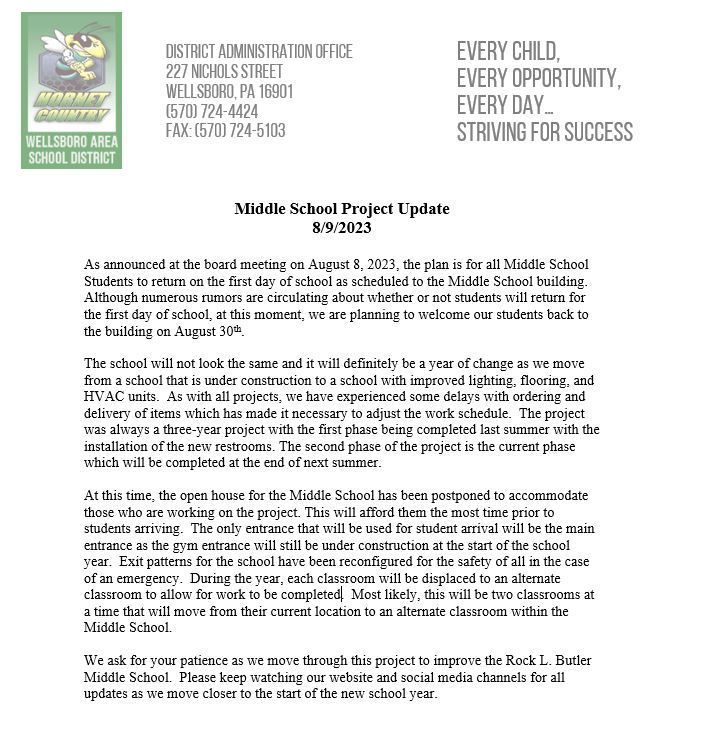 Middle School Update for August 9, 2023