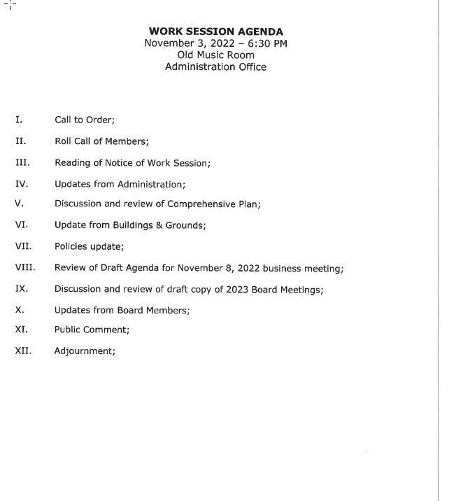 November 3, 2022 Work Session Agenda