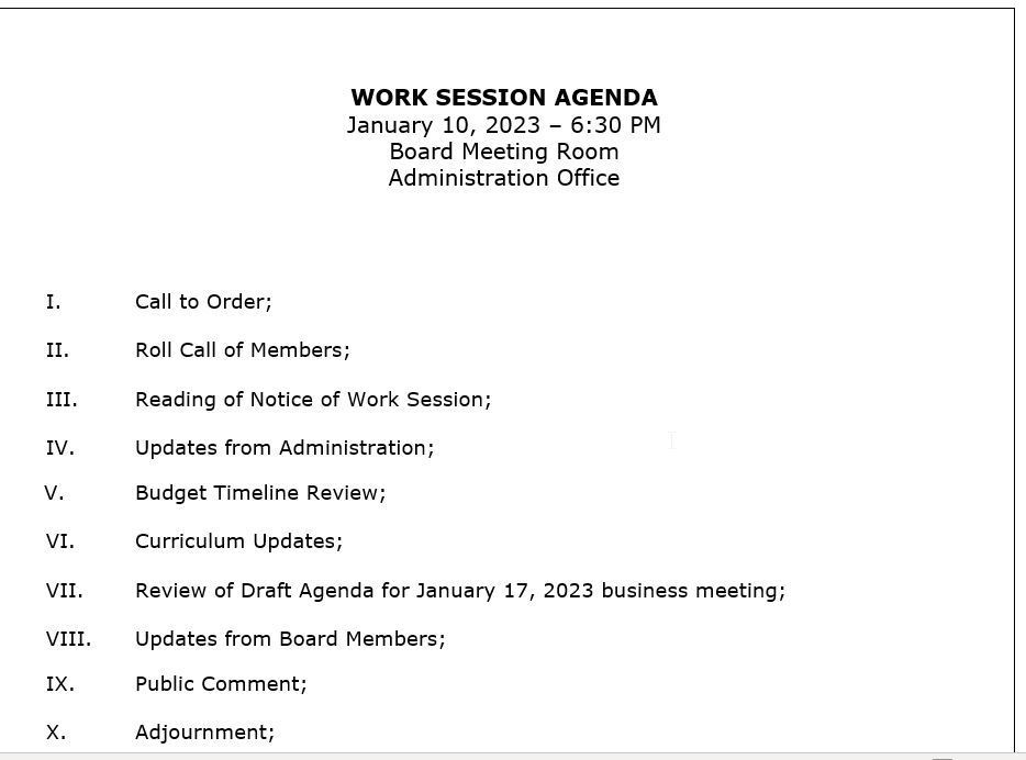 January 10, 2023 Work Session Agenda