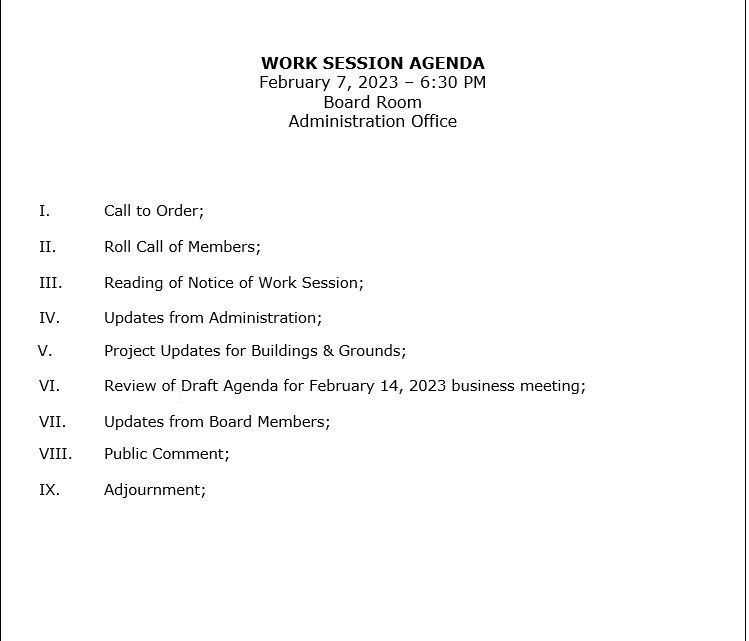 Work Session Agenda