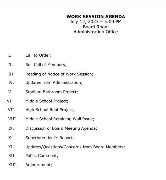 July 12 2023 Work Session Agenda
